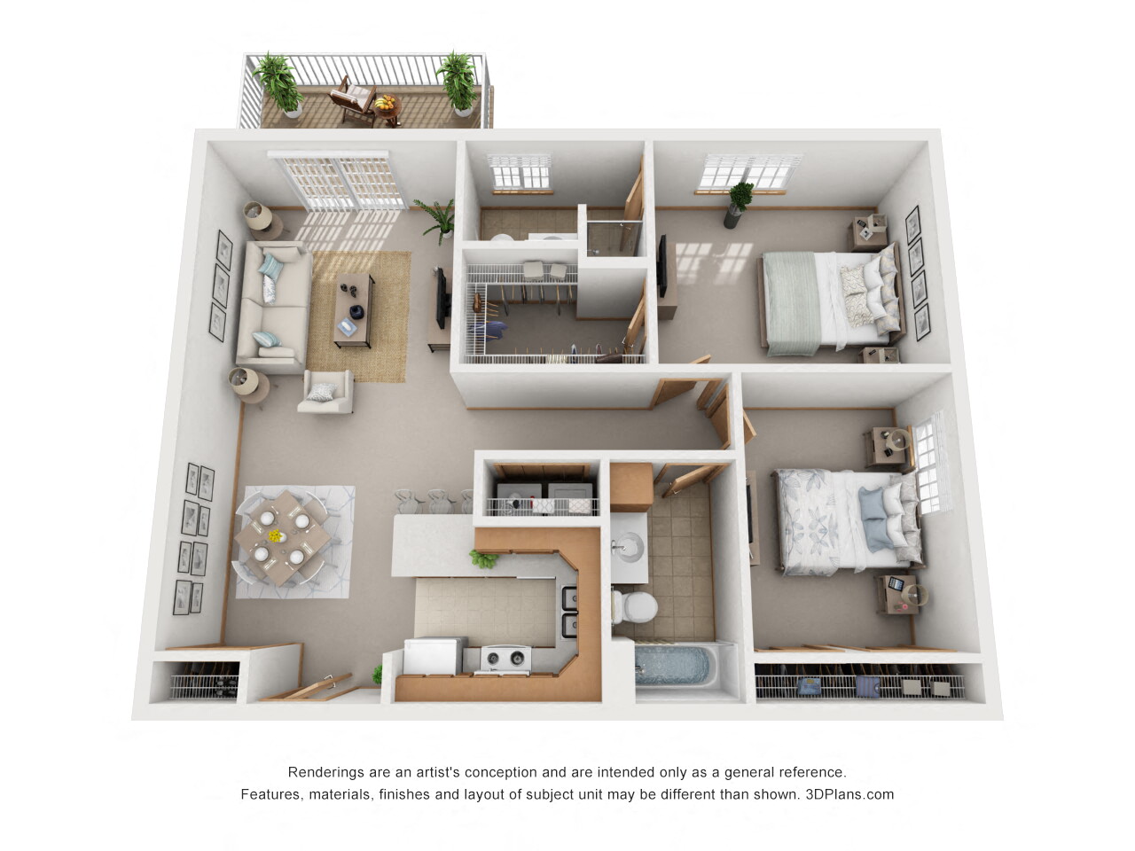 Floor plan for 2 beds, 2 baths, 1090 sqft